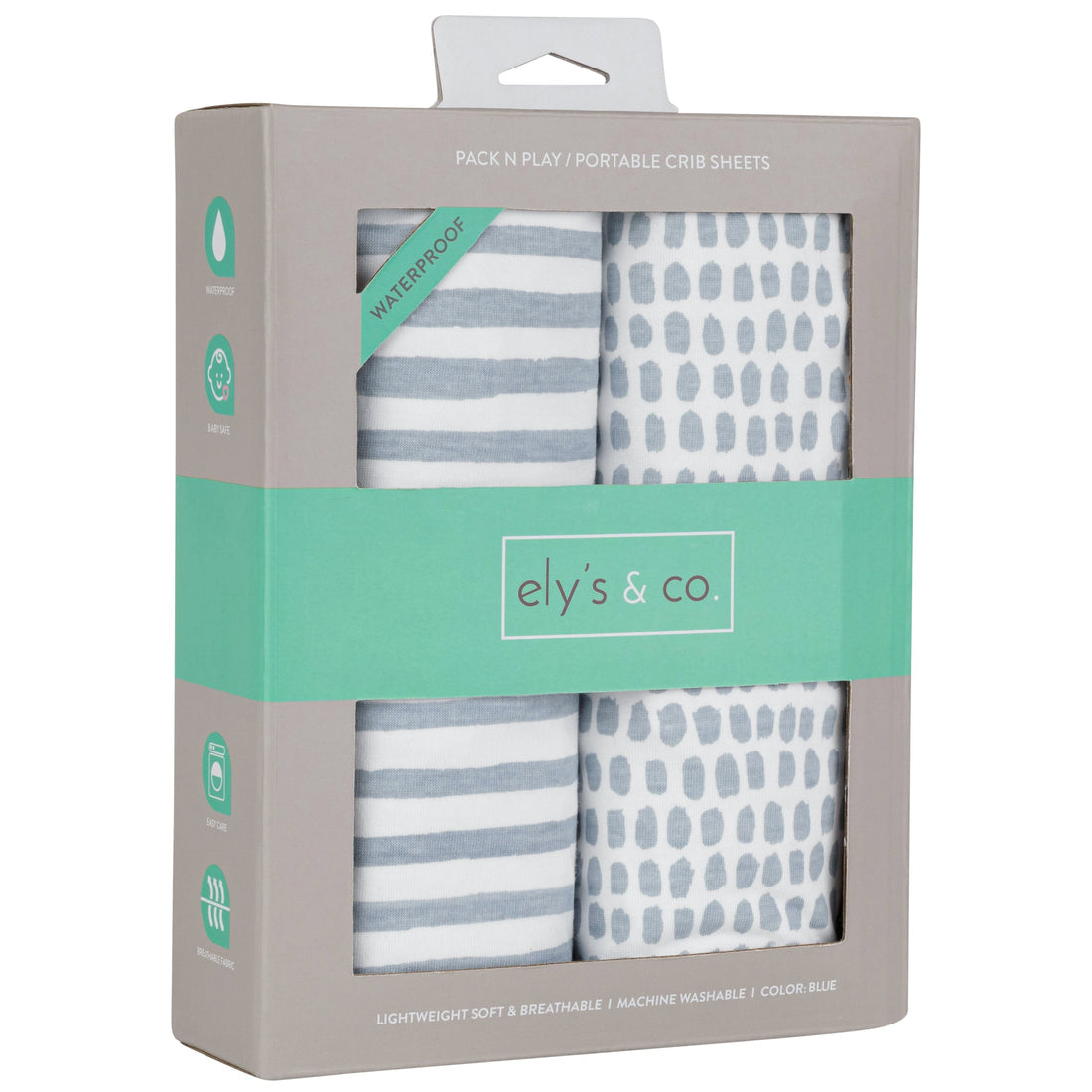 Ely's & Co. Waterproof Pack n Play Sheet/Mini Crib Sheet,  2 Pack  Blue Stripes & Splash