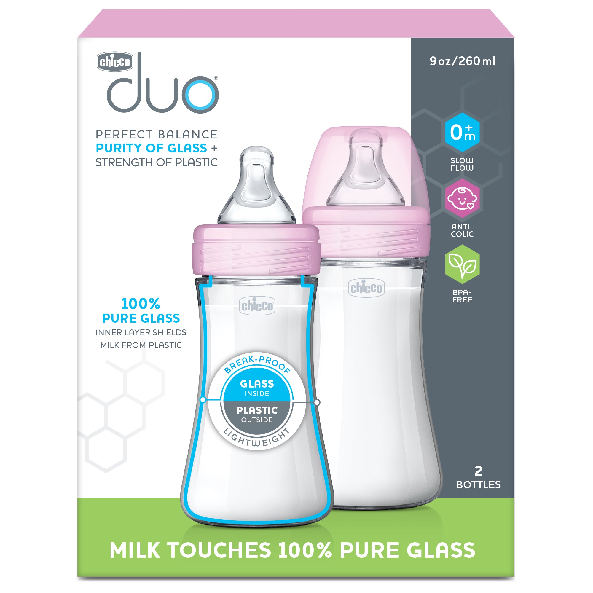 Chicco Duo 9oz. Hybrid Baby Bottle with Invinci-Glass Inside/Plastic Outside 2-Pack