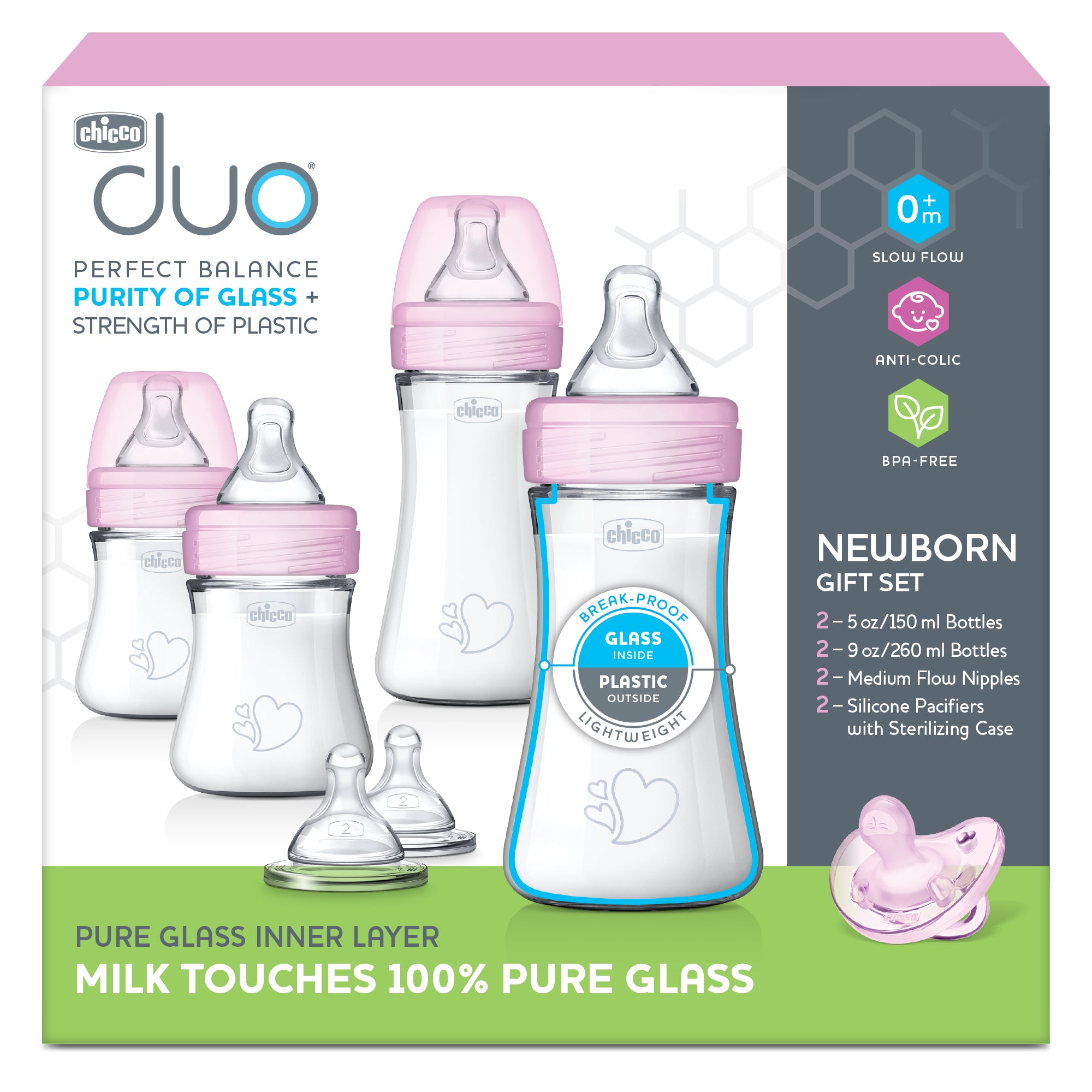 Chicco Duo Newborn Hybrid Baby Bottle Starter Gift Set with Invinci-Glass Inside/Plastic Outside