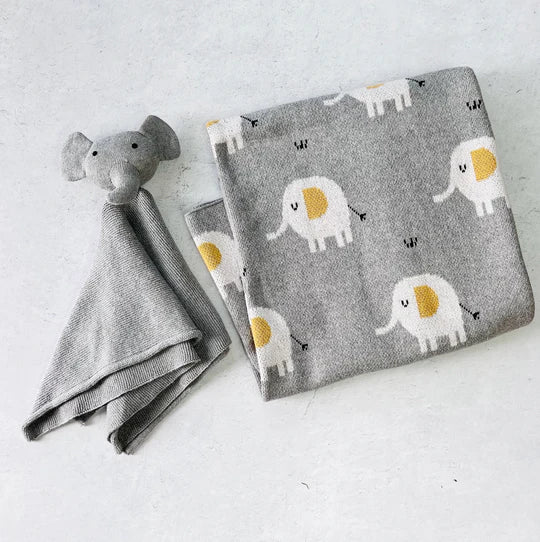 Viverano Organics Elephant Jacquard Knit Baby Blanket & Lovey Set