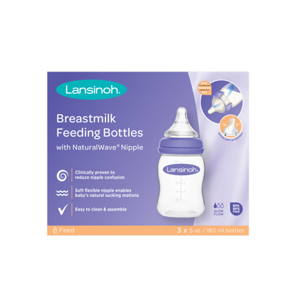 Lansinoh Baby Bottles for Breastfeeding Babies with 3 Slow Flow Nipples (Size 2S) - 5oz/3ct