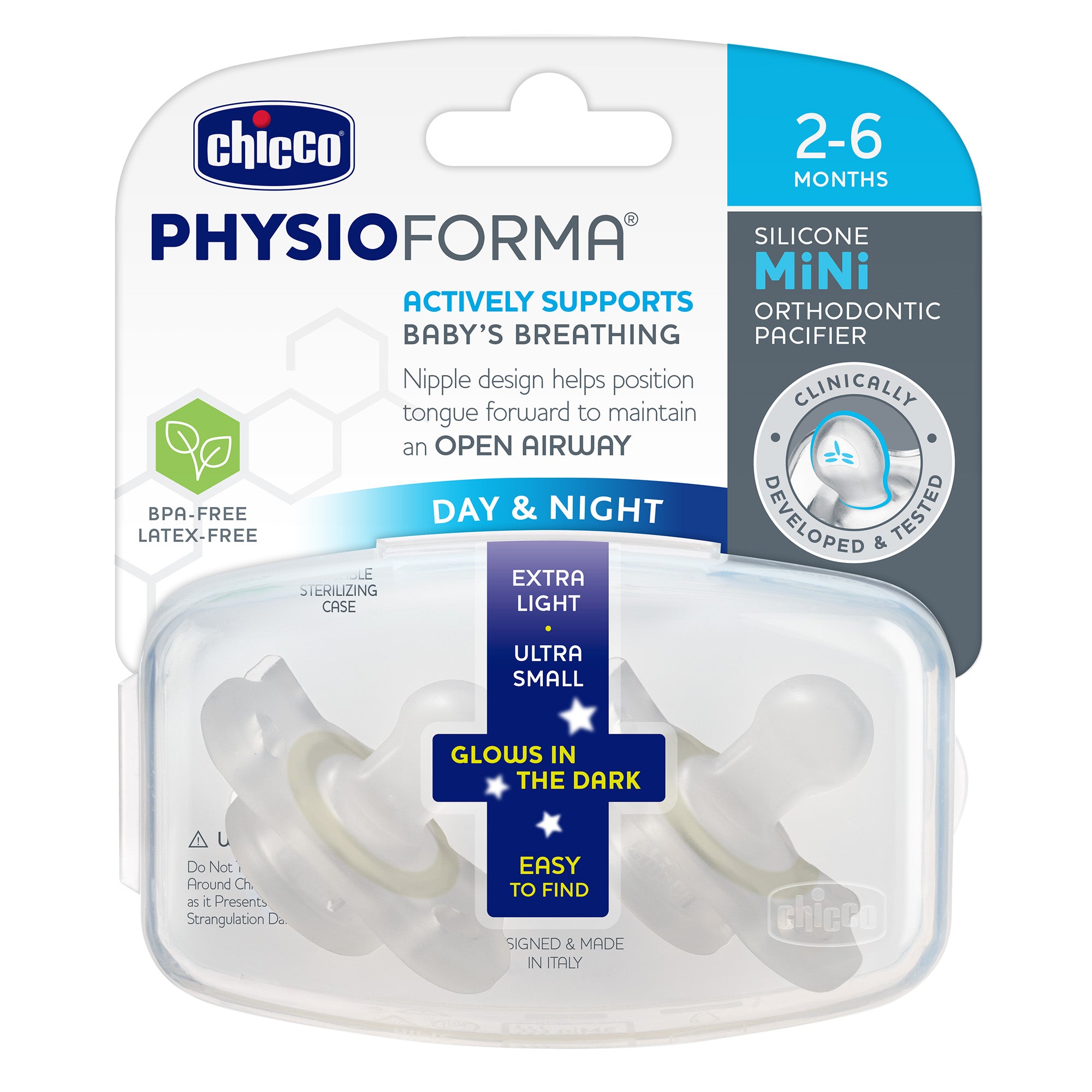 Chicco PhysioForma Glow in the Dark Mini Orthodontic Pacifier 2-6m 2pk