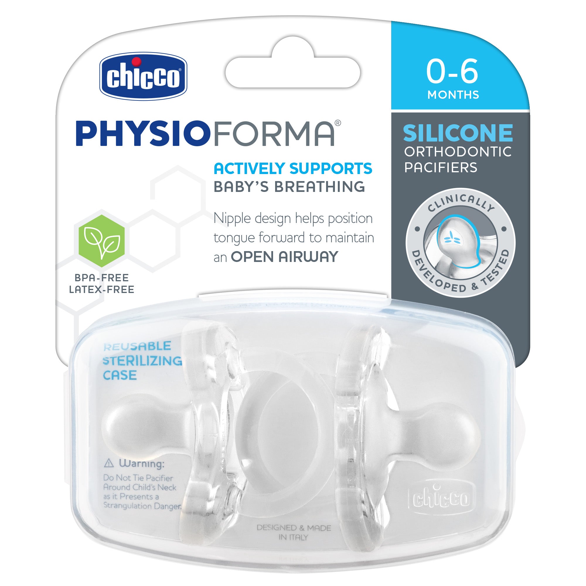 Chicco PhysioForma Silicone One-Piece Orthodontic Pacifier 0-6m Clear 2pk