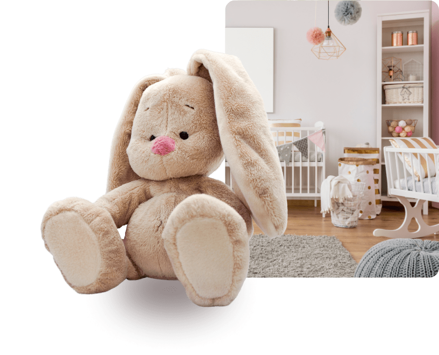 Cute baby toy bear in a charming nursery room